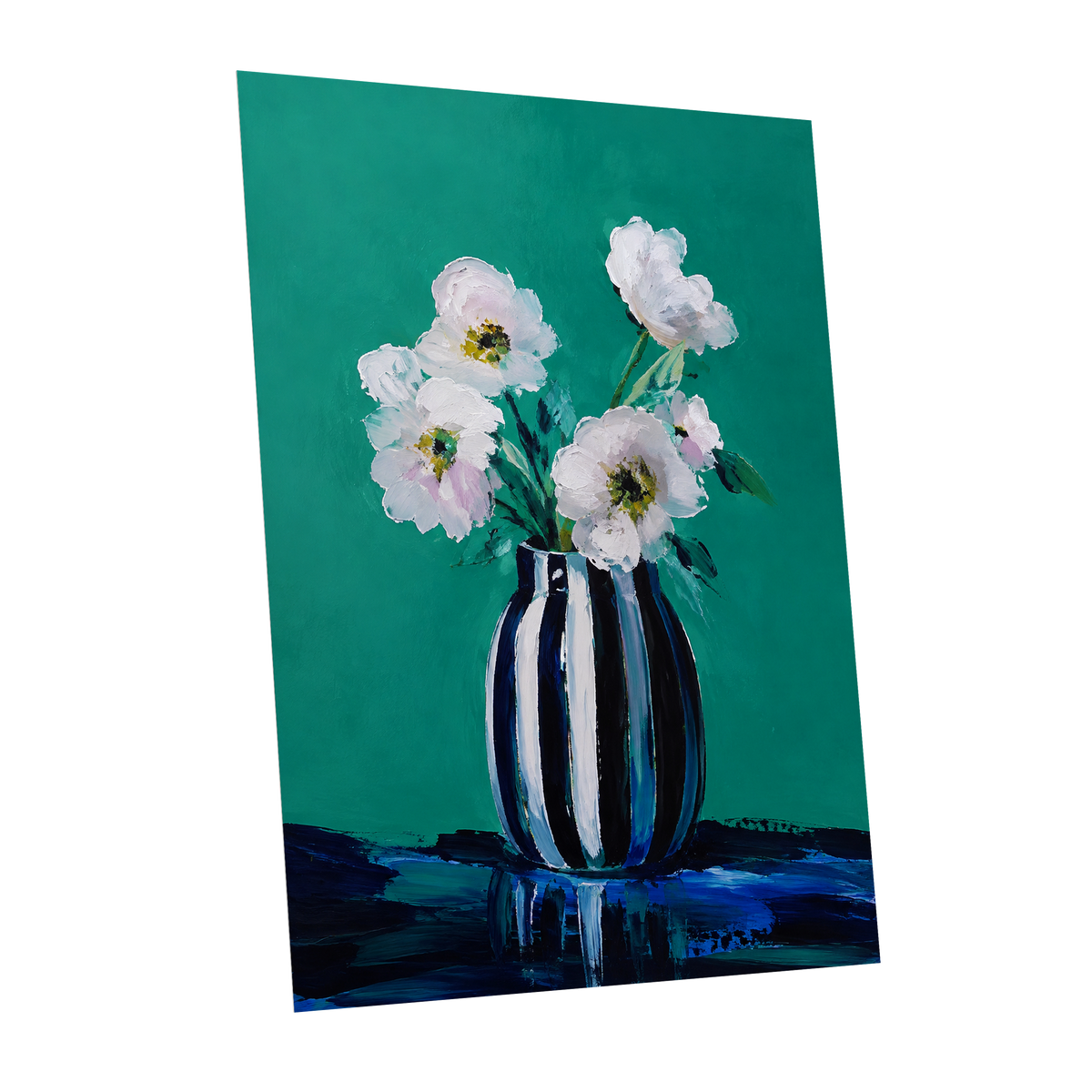 Petals in Teal, green, white, black floral wall art shown as a unframed poster wall art print