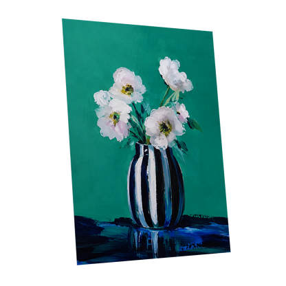Petals in Teal, green, white, black floral wall art shown as a unframed poster wall art print