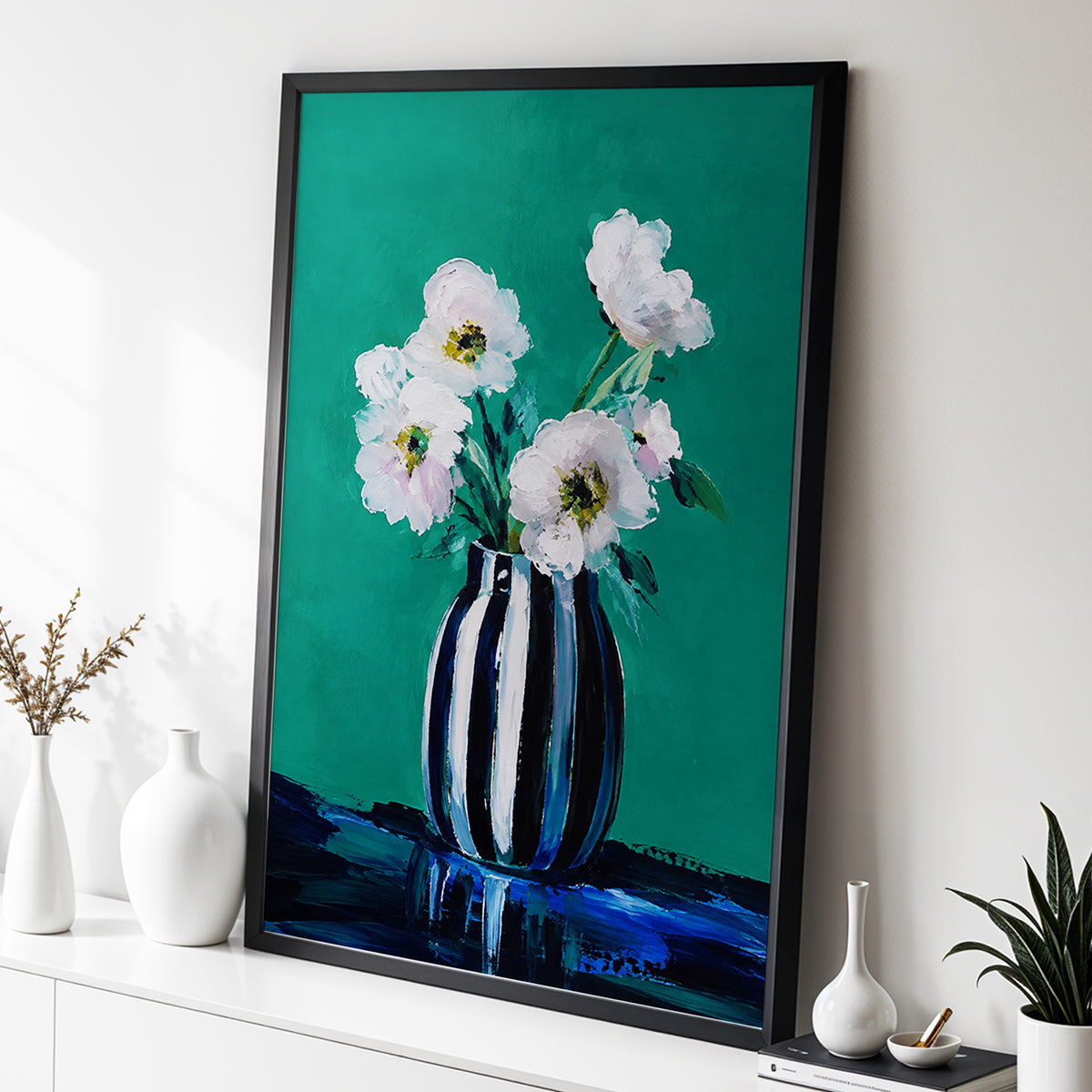 Petals in Teal, green, white, black floral wall art displayed in a styled interior, gallery view 2