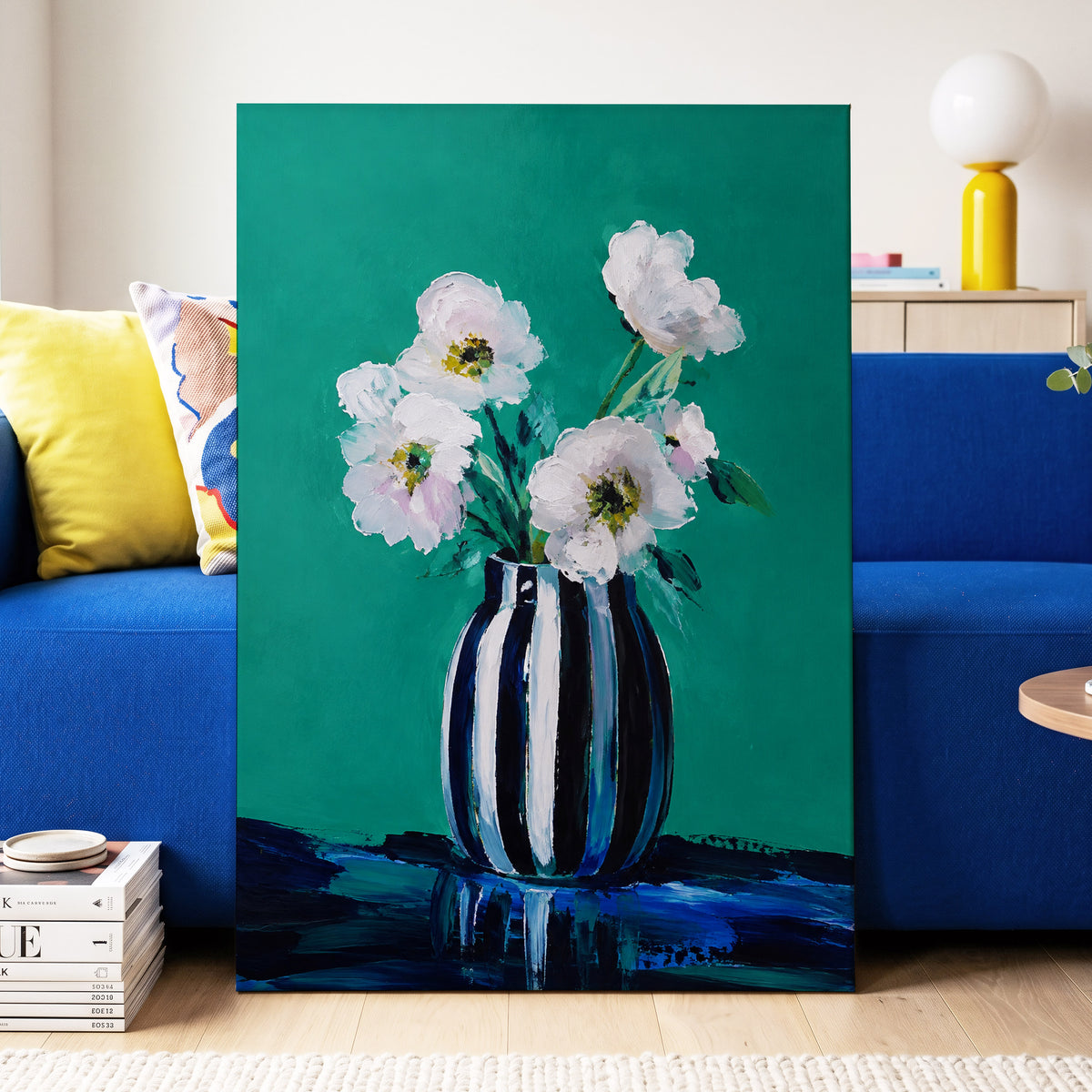 Petals in Teal, green, white, black floral wall art displayed in a styled interior, gallery view 3