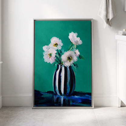 Petals in Teal, green, white, black floral wall art displayed in a styled interior, gallery view 4
