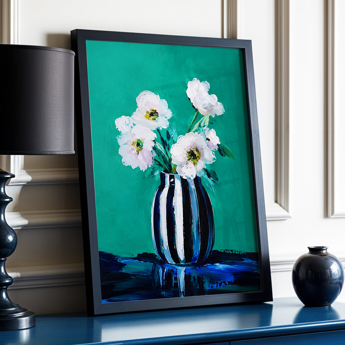 Petals in Teal, green, white, black floral wall art displayed in a styled interior, gallery view 6