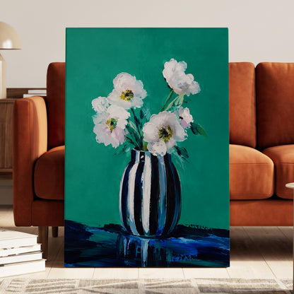 Petals in Teal, green, white, black floral wall art displayed in a styled interior, gallery view 7