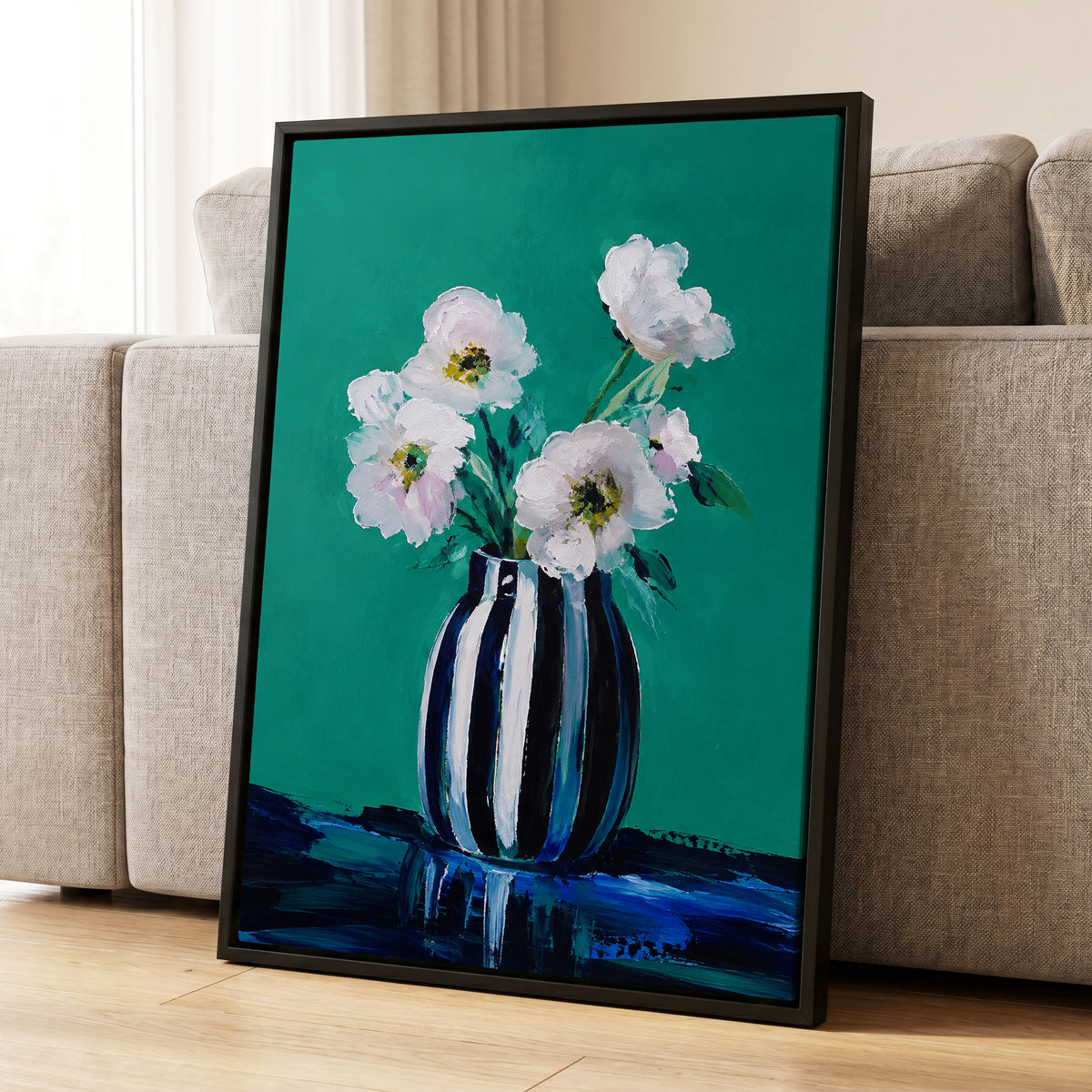 Petals in Teal, green, white, black floral wall art displayed in a styled interior, gallery view 8
