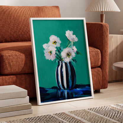 Petals in Teal, green, white, black floral wall art displayed in a styled interior, gallery view 9