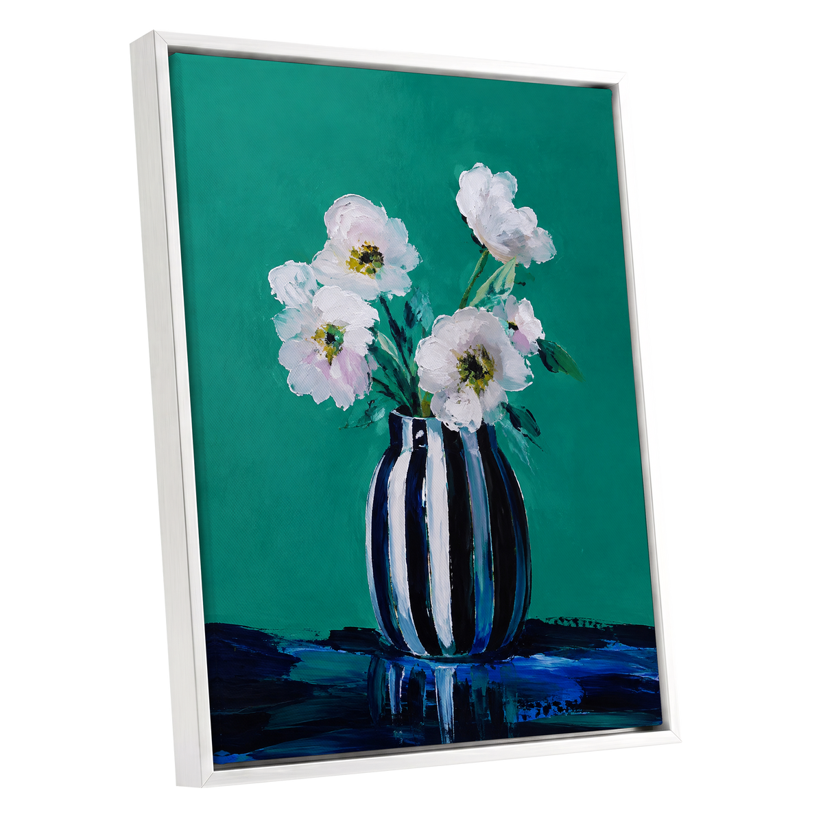 Petals in Teal, green, white, black floral wall art shown as a white framed canvas wall art