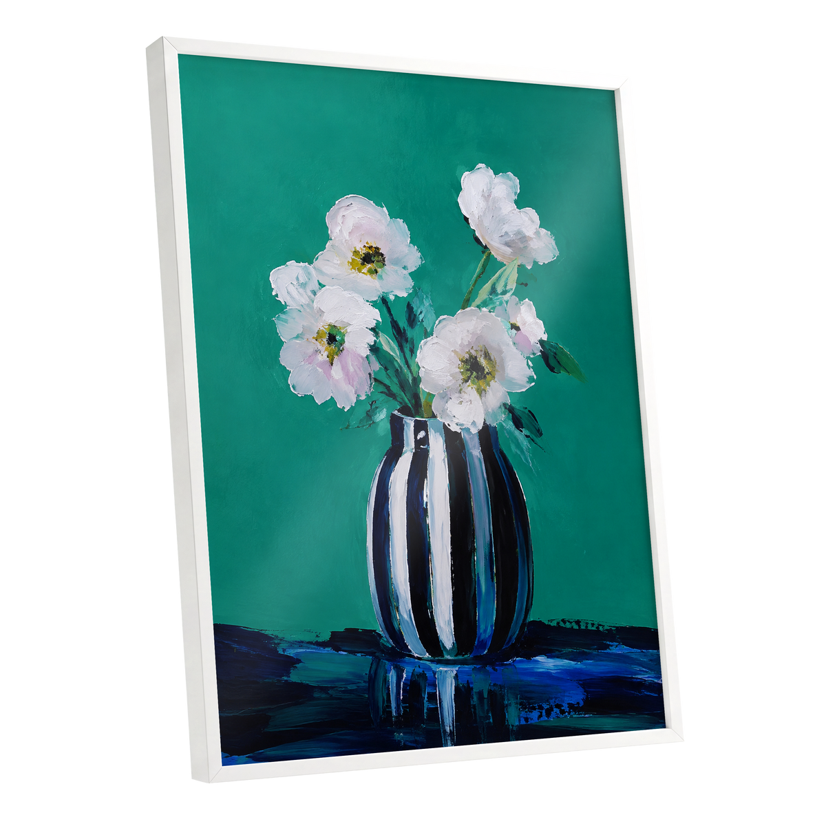 Petals in Teal, green, white, black floral wall art shown as a white framed poster wall art print
