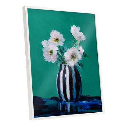 Petals in Teal, green, white, black floral wall art shown as a white framed poster wall art print