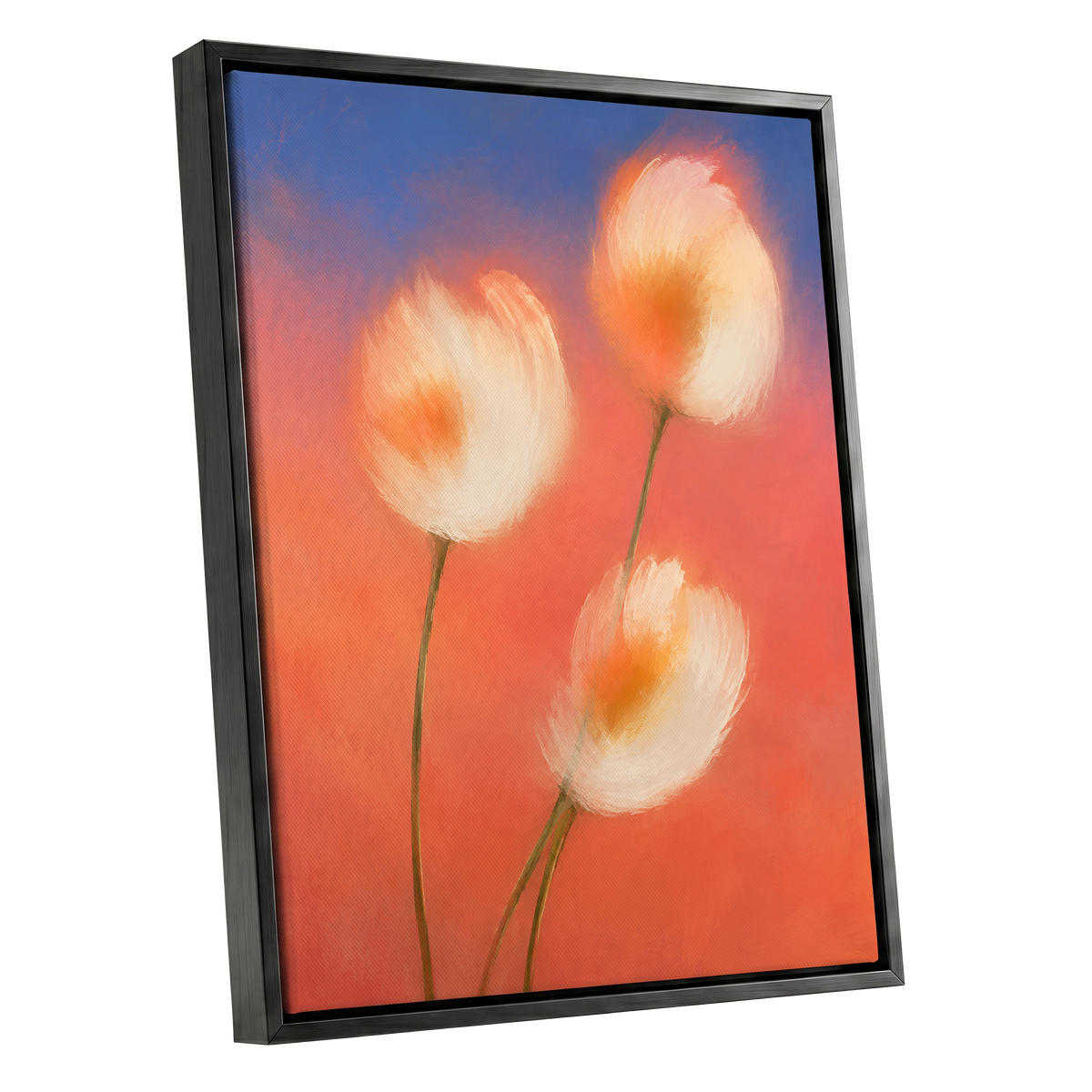 Petals in the Afterglow, orange, pink, blue floral wall art shown as a black framed canvas wall art