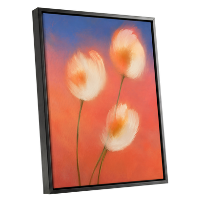 Petals in the Afterglow, orange, pink, blue floral wall art shown as a black framed canvas wall art