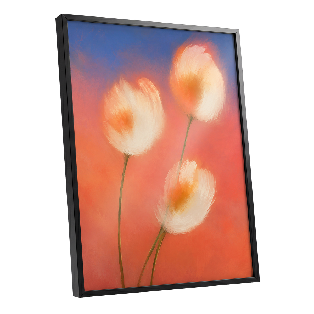 Petals in the Afterglow, orange, pink, blue floral wall art shown as a black framed poster wall art print