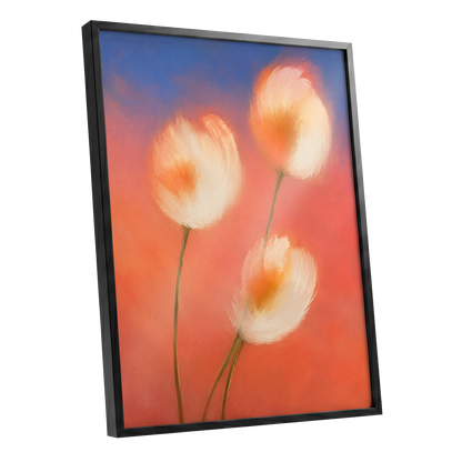 Petals in the Afterglow, orange, pink, blue floral wall art shown as a black framed poster wall art print