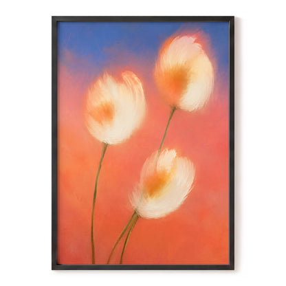 Petals in the Afterglow, orange, pink, blue floral wall art, front artwork view