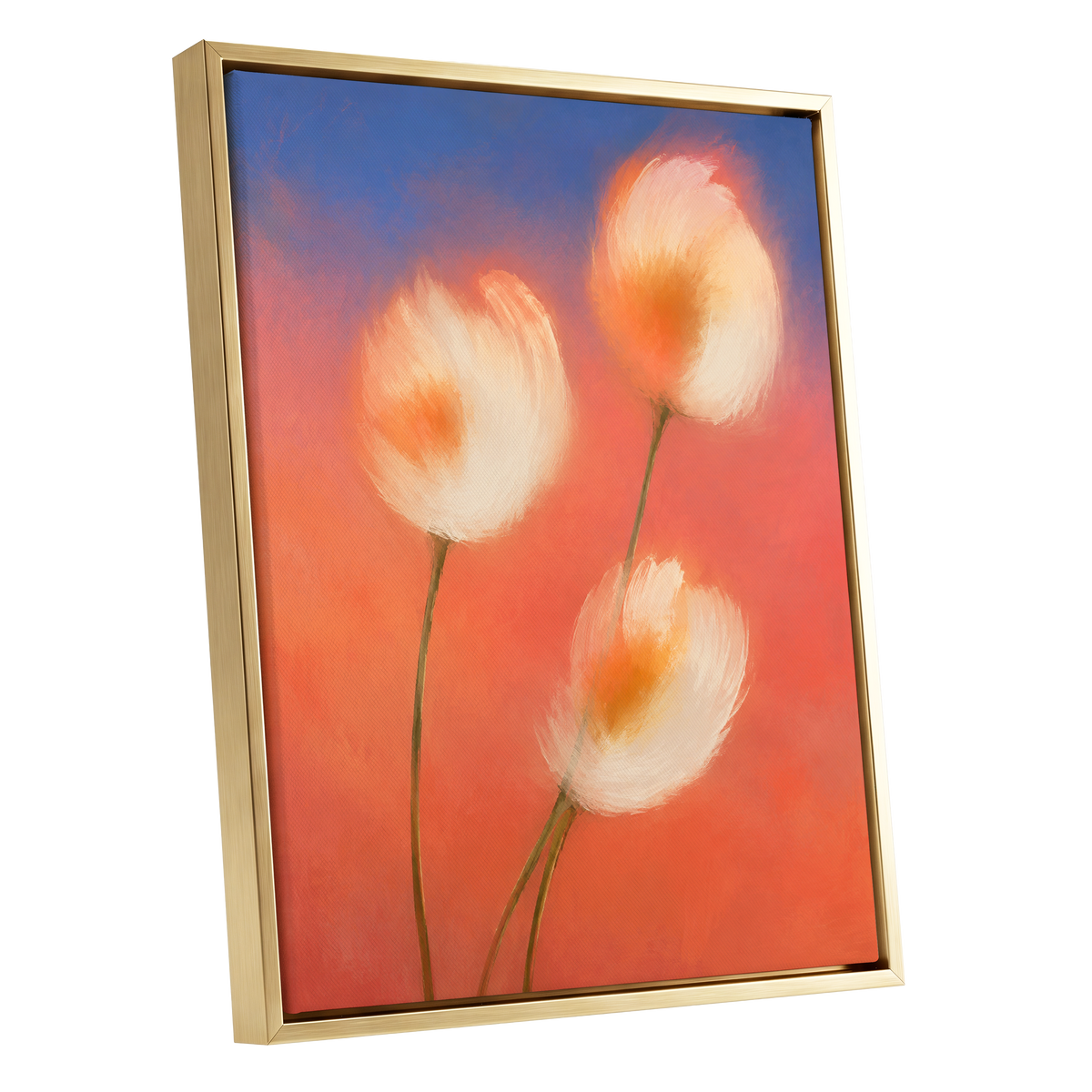 Petals in the Afterglow, orange, pink, blue floral wall art shown as a gold framed canvas wall art