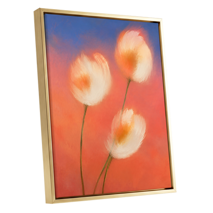 Petals in the Afterglow, orange, pink, blue floral wall art shown as a gold framed canvas wall art