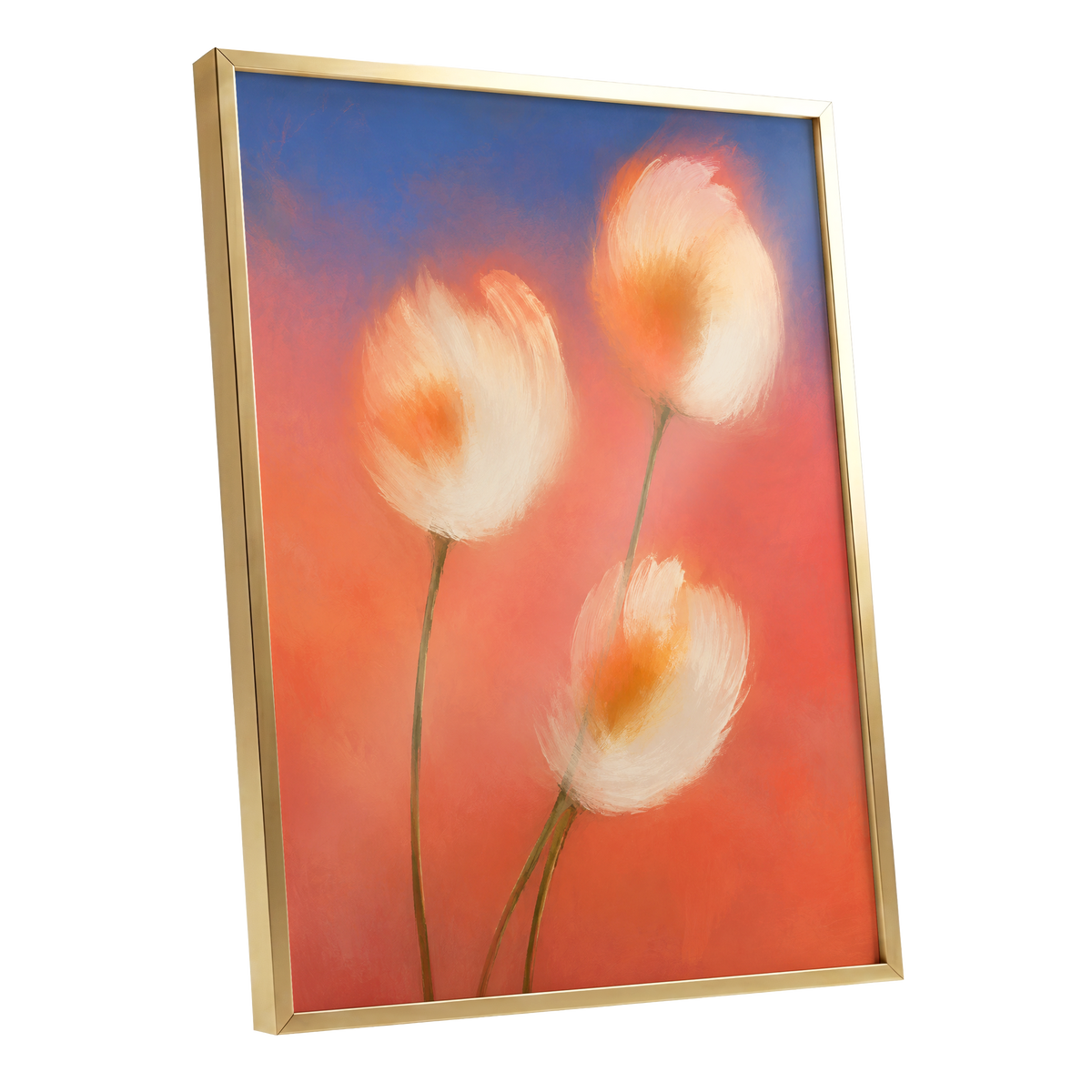 Petals in the Afterglow, orange, pink, blue floral wall art shown as a gold framed poster wall art print