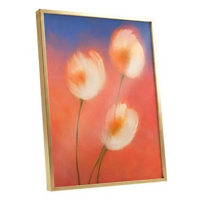 Petals in the Afterglow, orange, pink, blue floral wall art shown as a gold framed poster wall art print