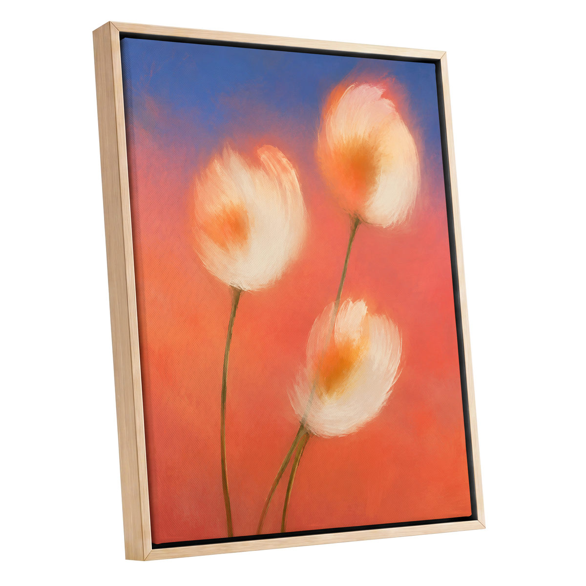 Petals in the Afterglow, orange, pink, blue floral wall art shown as a oak framed canvas wall art