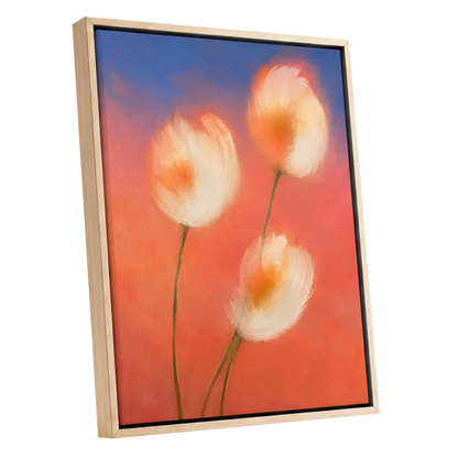 Petals in the Afterglow, orange, pink, blue floral wall art shown as a oak framed canvas wall art