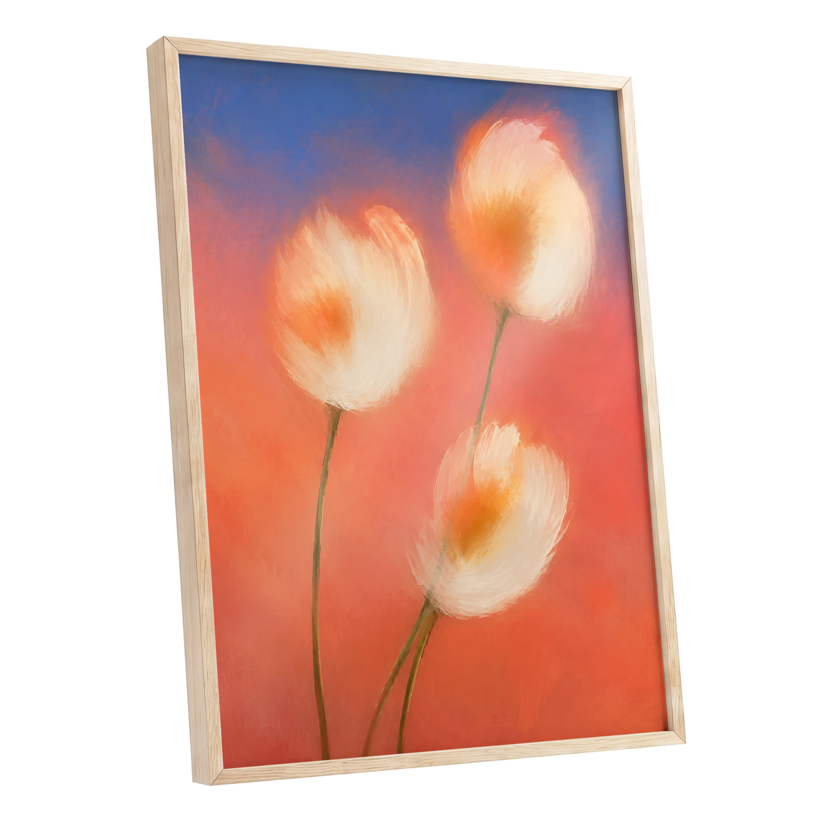 Petals in the Afterglow, orange, pink, blue floral wall art shown as a oak framed poster wall art print