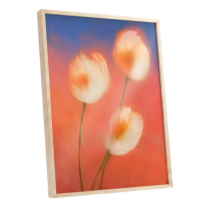 Petals in the Afterglow, orange, pink, blue floral wall art shown as a oak framed poster wall art print