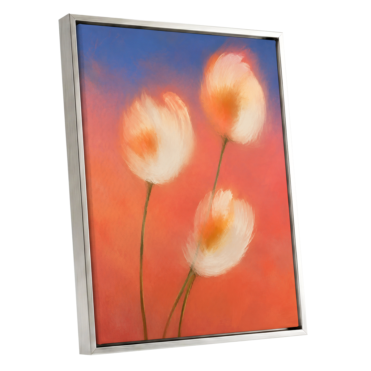 Petals in the Afterglow, orange, pink, blue floral wall art shown as a silver framed canvas wall art
