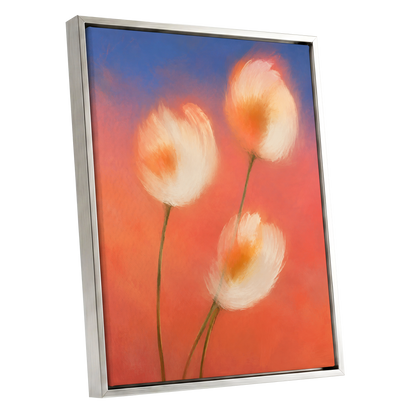 Petals in the Afterglow, orange, pink, blue floral wall art shown as a silver framed canvas wall art