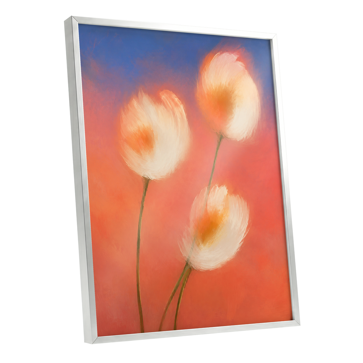 Petals in the Afterglow, orange, pink, blue floral wall art shown as a silver framed poster wall art print