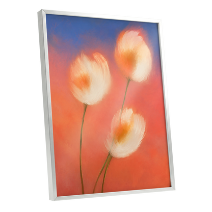 Petals in the Afterglow, orange, pink, blue floral wall art shown as a silver framed poster wall art print