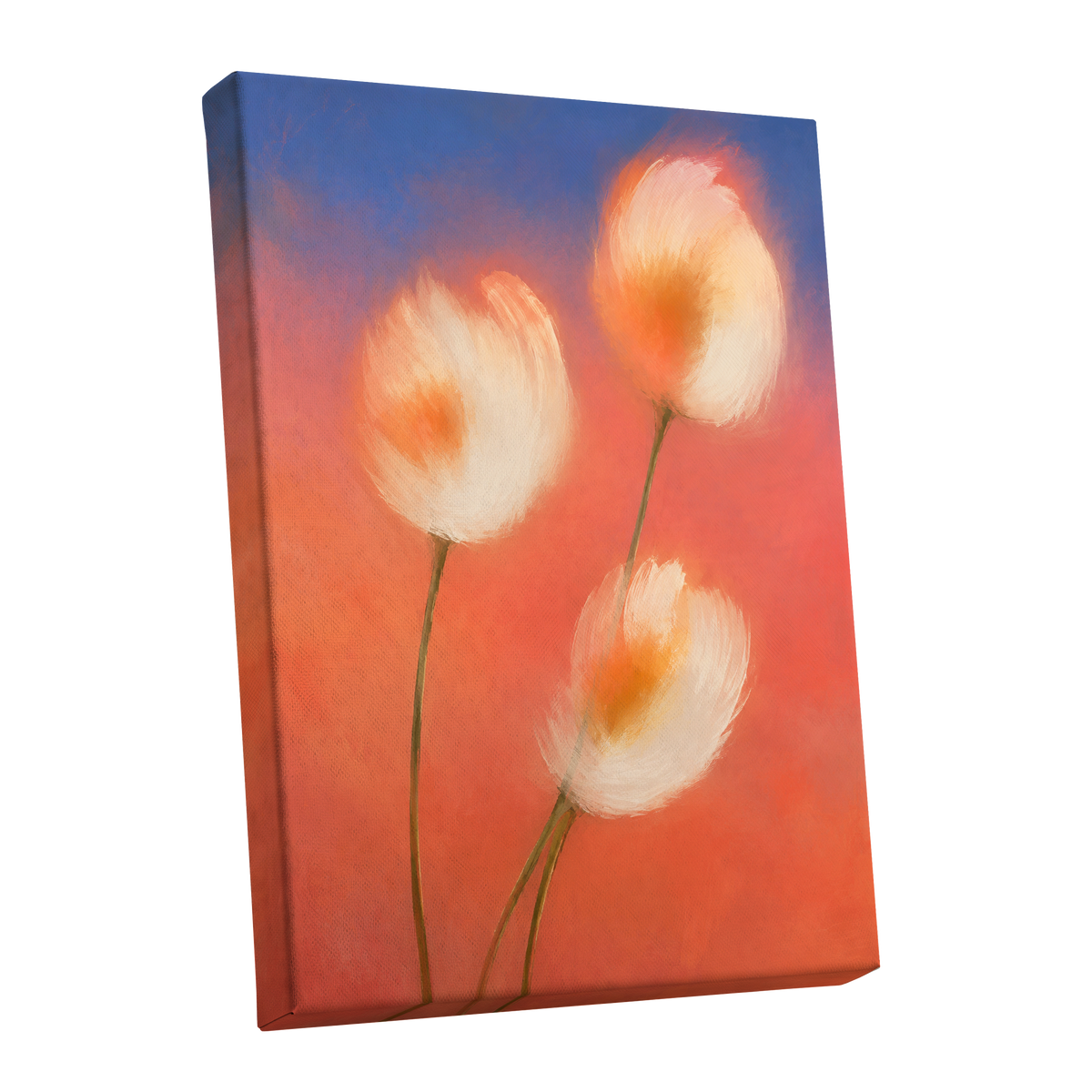 Petals in the Afterglow, orange, pink, blue floral wall art shown as a stretched canvas wall art
