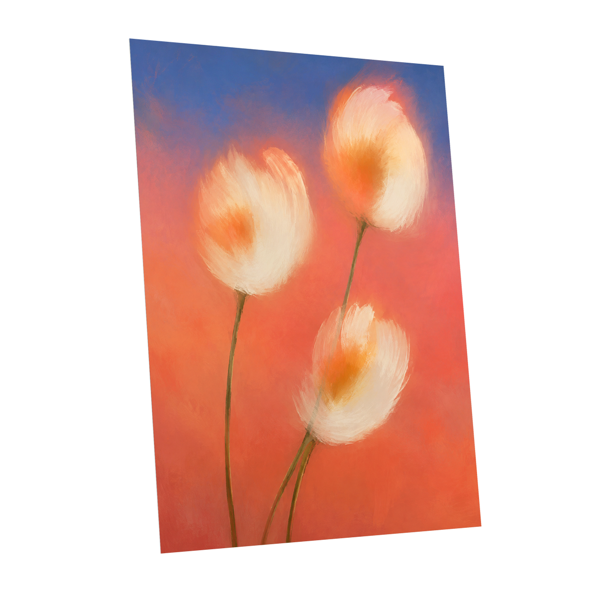 Petals in the Afterglow, orange, pink, blue floral wall art shown as a unframed poster wall art print