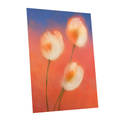 Petals in the Afterglow, orange, pink, blue floral wall art shown as a unframed poster wall art print