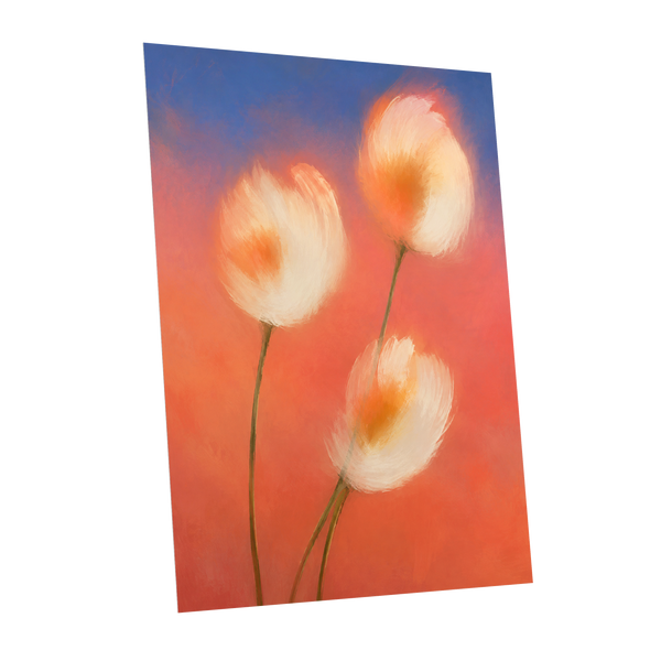 Petals in the Afterglow, orange, pink, blue floral wall art shown as a unframed poster wall art print