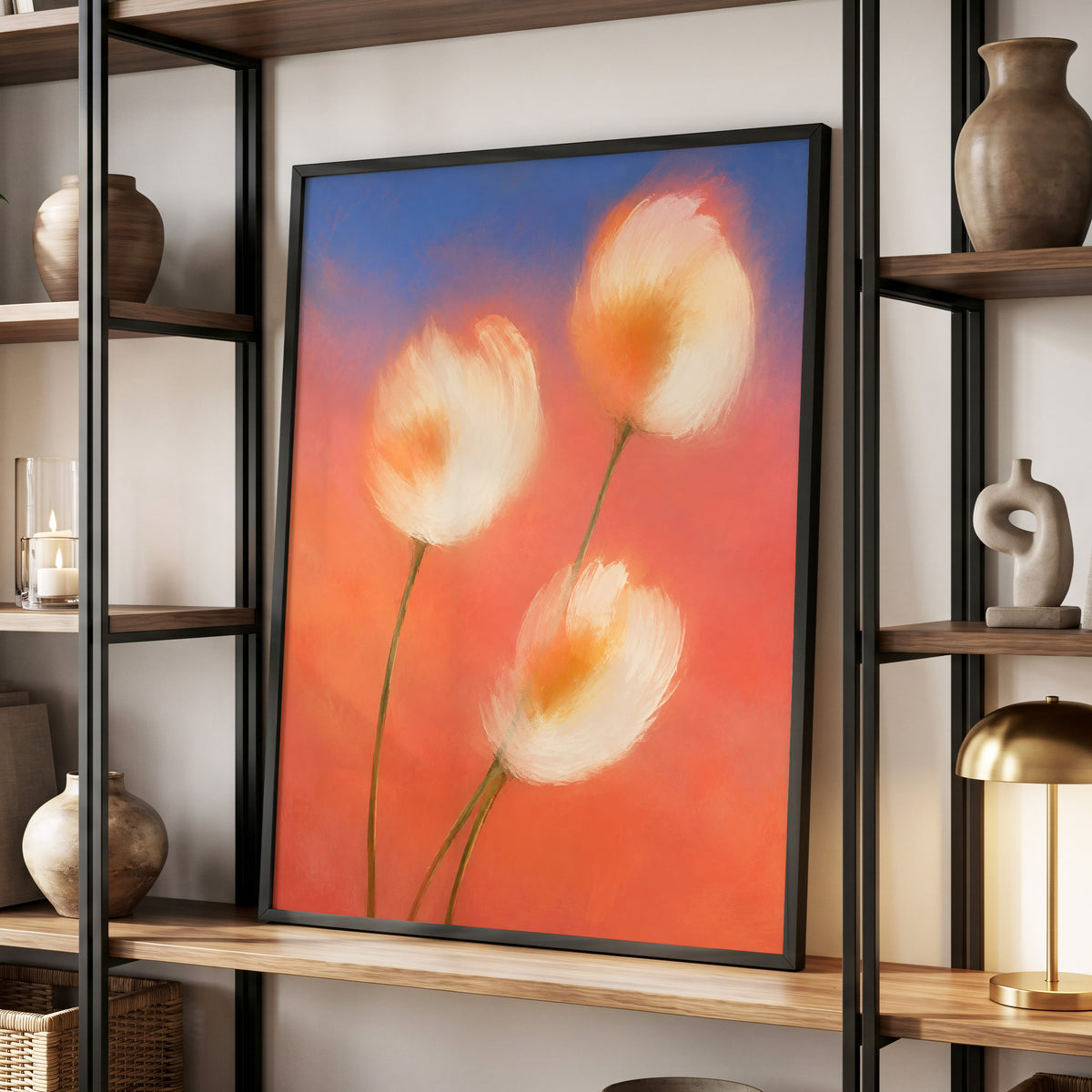 Petals in the Afterglow, orange, pink, blue floral wall art displayed in a styled interior, gallery view 2