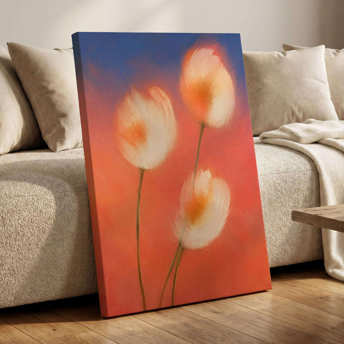 Petals in the Afterglow, orange, pink, blue floral wall art displayed in a styled interior, gallery view 3