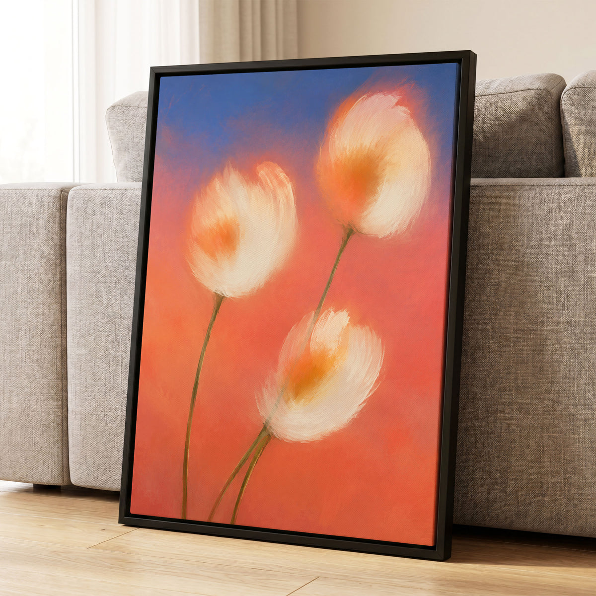 Petals in the Afterglow, orange, pink, blue floral wall art displayed in a styled interior, gallery view 4