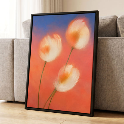 Petals in the Afterglow, orange, pink, blue floral wall art displayed in a styled interior, gallery view 4
