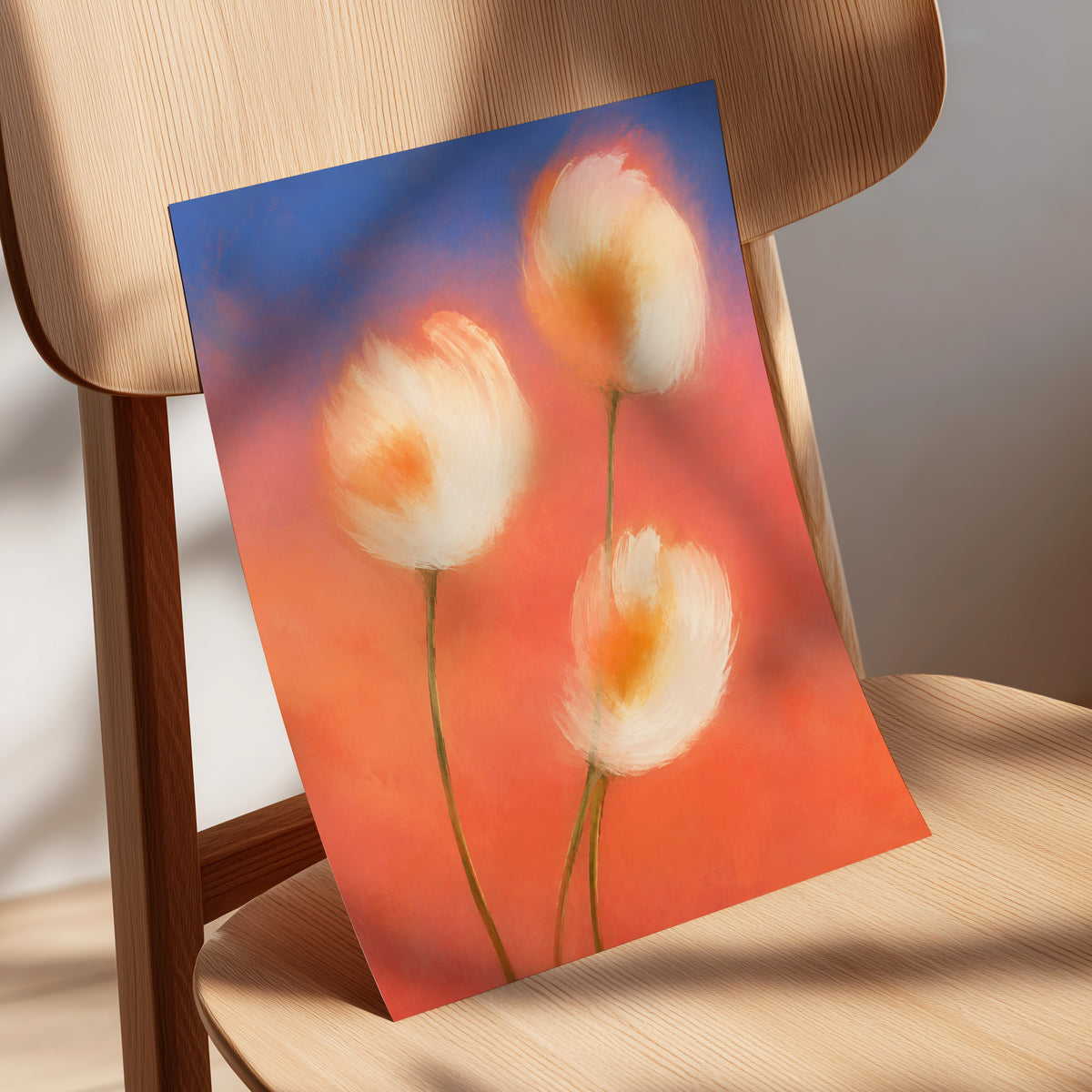 Petals in the Afterglow, orange, pink, blue floral wall art displayed in a styled interior, gallery view 5