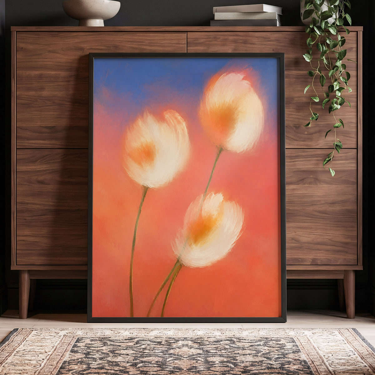 Petals in the Afterglow, orange, pink, blue floral wall art displayed in a styled interior, gallery view 6