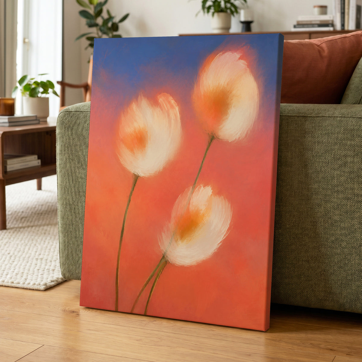 Petals in the Afterglow, orange, pink, blue floral wall art displayed in a styled interior, gallery view 7