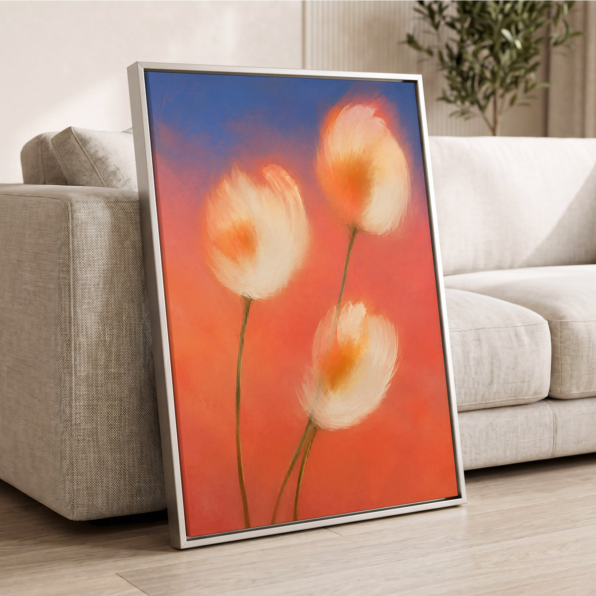 Petals in the Afterglow, orange, pink, blue floral wall art displayed in a styled interior, gallery view 8