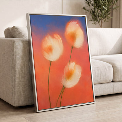 Petals in the Afterglow, orange, pink, blue floral wall art displayed in a styled interior, gallery view 8