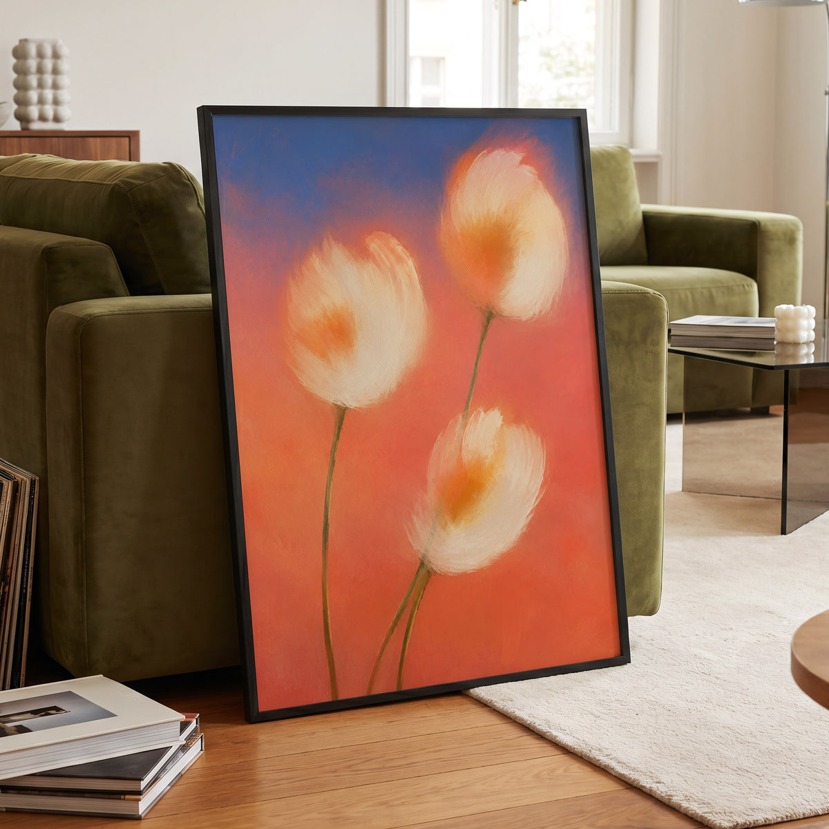 Petals in the Afterglow, orange, pink, blue floral wall art displayed in a styled interior, gallery view 9