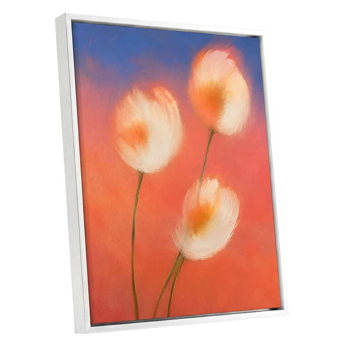 Petals in the Afterglow, orange, pink, blue floral wall art shown as a white framed canvas wall art