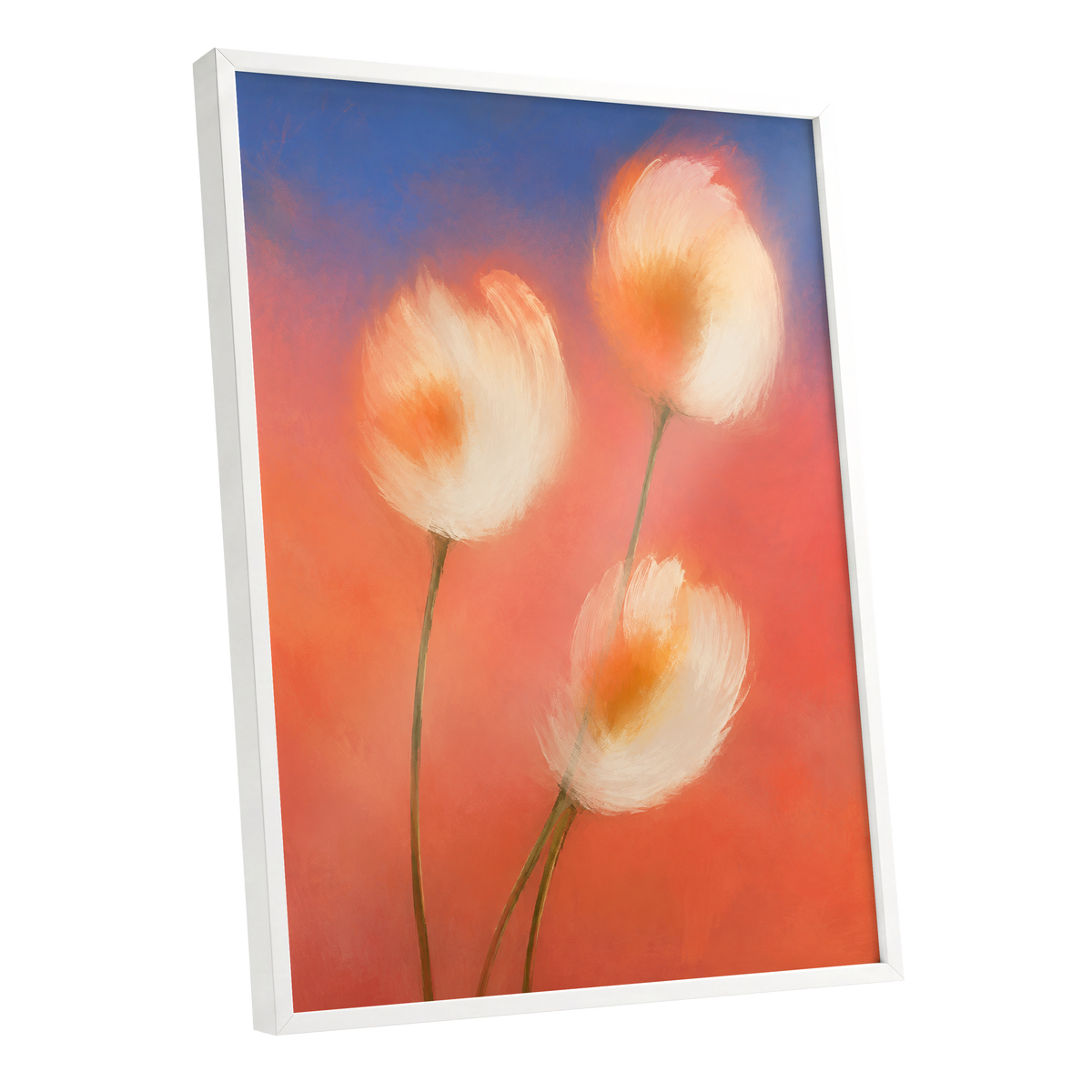 Petals in the Afterglow, orange, pink, blue floral wall art shown as a white framed poster wall art print