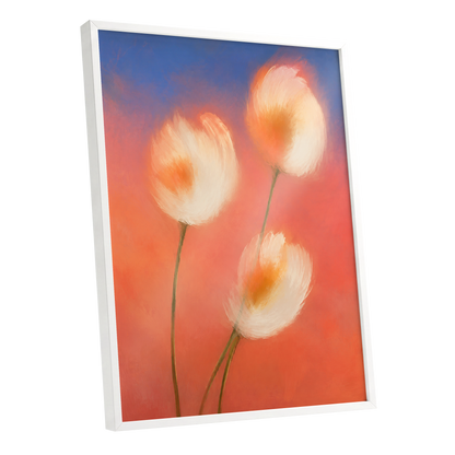 Petals in the Afterglow, orange, pink, blue floral wall art shown as a white framed poster wall art print