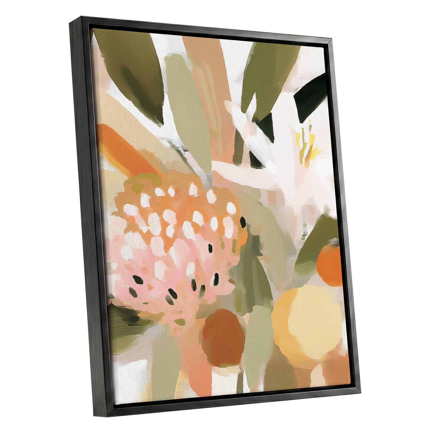 Petals in the Orchard, green, white, pink floral wall art shown as a black framed canvas wall art