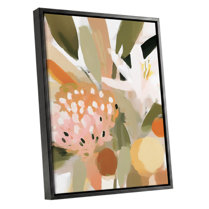 Petals in the Orchard, green, white, pink floral wall art shown as a black framed canvas wall art