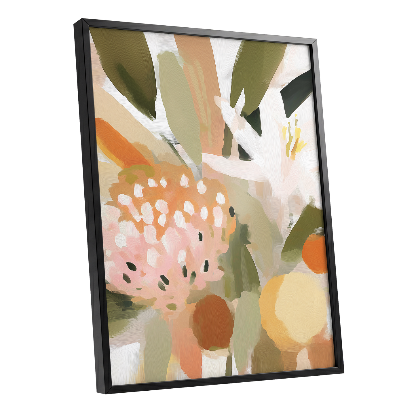 Petals in the Orchard, green, white, pink floral wall art shown as a black framed poster wall art print