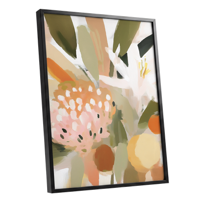 Petals in the Orchard, green, white, pink floral wall art shown as a black framed poster wall art print